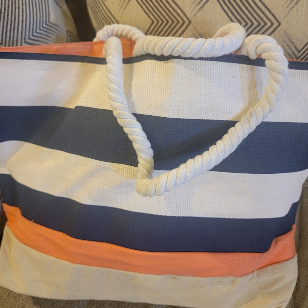 DSW Navy and Coral Striped Tote